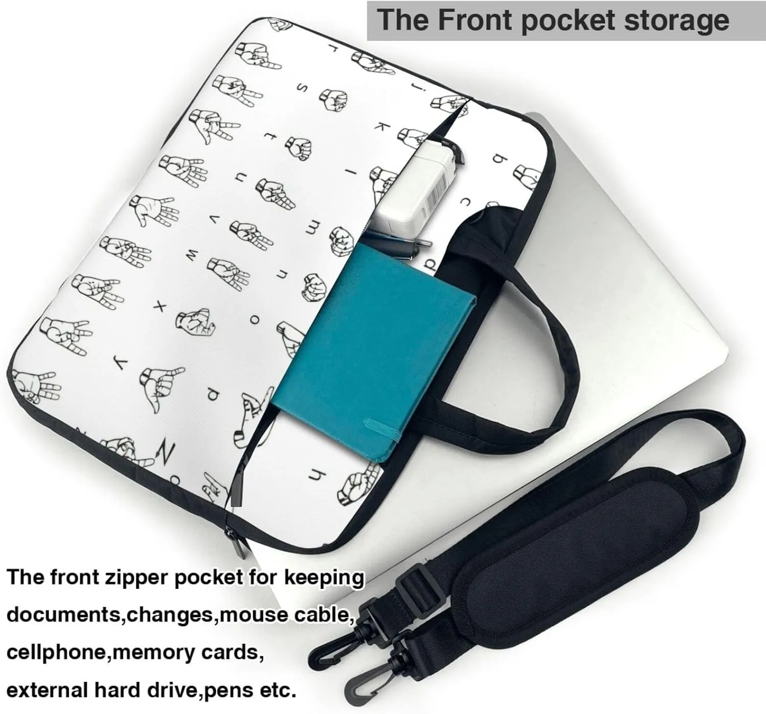 Sign Language Alphabet. Print Large Capacity Portable Crossbody Cute Laptop Bag For Women Men, 13 14 15.6 in