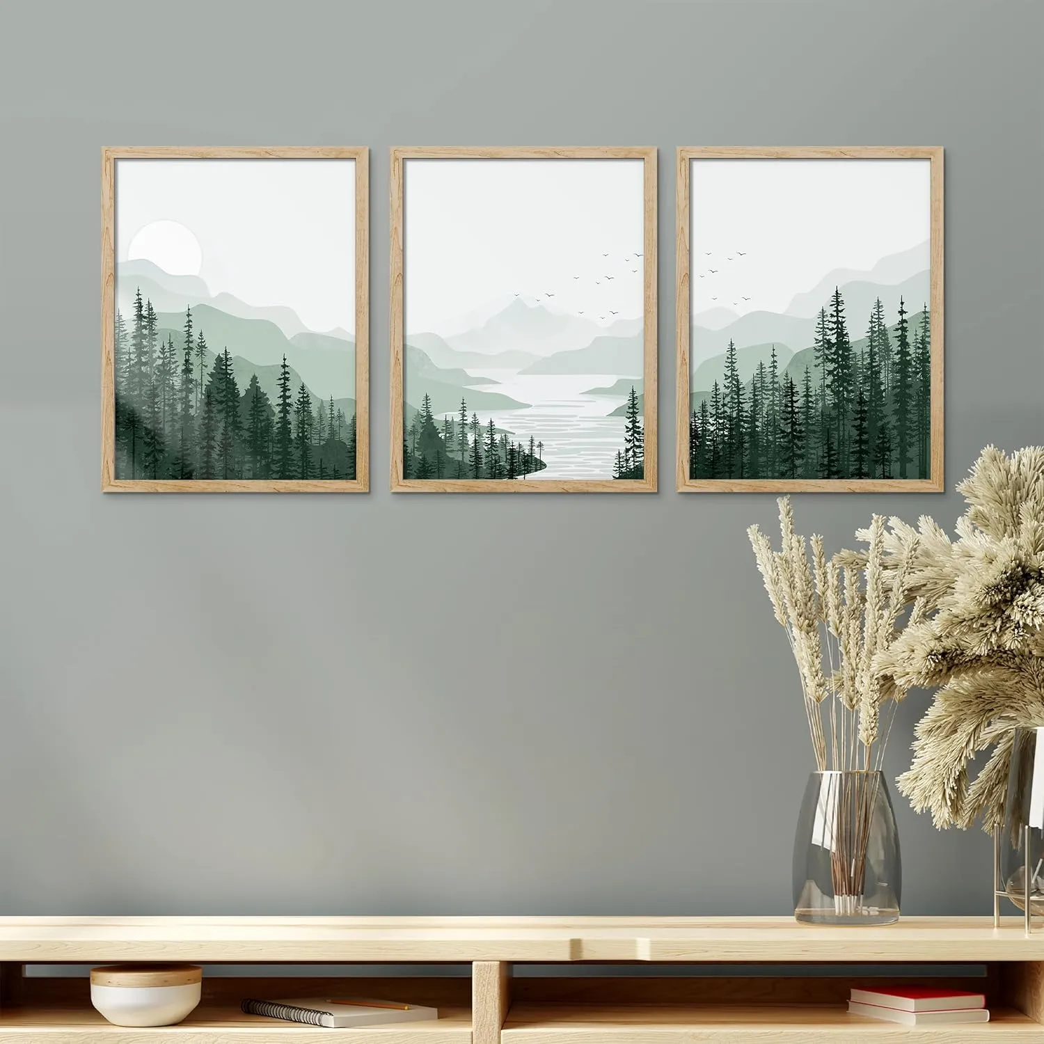 SIGNWIN Frame Sage Green Mountain Range Pine Tree Forest Wall Art, Set of 3 Nature Wilderness Illustrations Wall Decor Prints Minimalist Wall Décor for Living Room, Bedroom - 12"x16" Natural