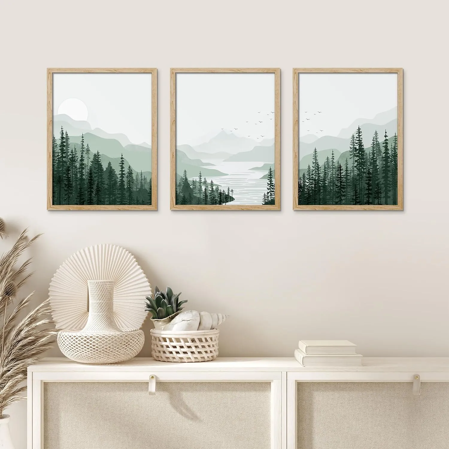 SIGNWIN Frame Sage Green Mountain Range Pine Tree Forest Wall Art, Set of 3 Nature Wilderness Illustrations Wall Decor Prints Minimalist Wall Décor for Living Room, Bedroom - 12"x16" Natural