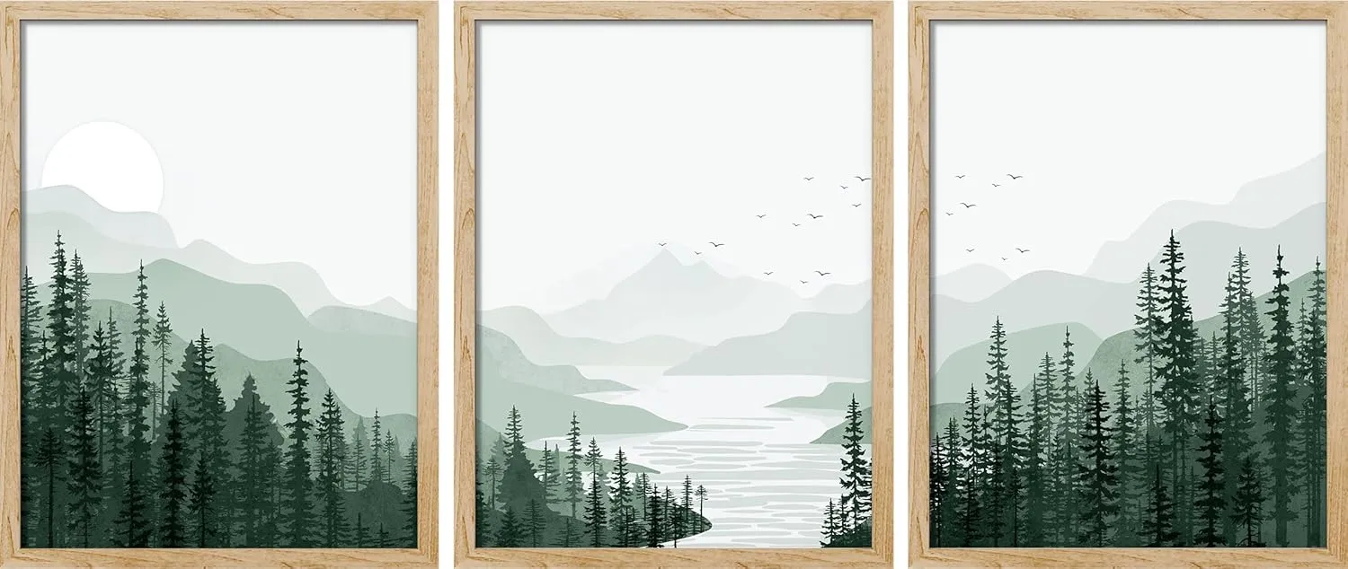 SIGNWIN Frame Sage Green Mountain Range Pine Tree Forest Wall Art, Set of 3 Nature Wilderness Illustrations Wall Decor Prints Minimalist Wall Décor for Living Room, Bedroom - 12"x16" Natural