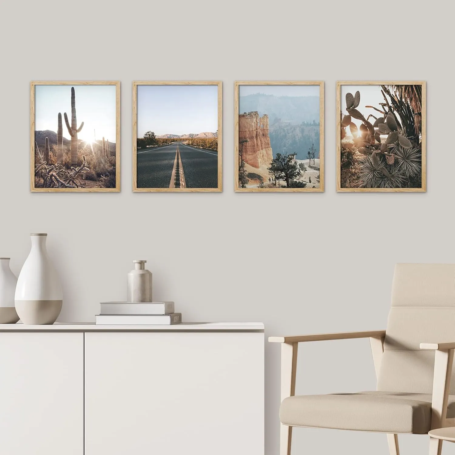 SIGNWIN Framed Cactus Desert Landscape Wall Art, Set of 4 Southwest Texas Arizona Saguaro Wall Decor Prints, Nature Wilderness Wall Décor for Living Room, Bedroom - 11"x14"x 4 Natural