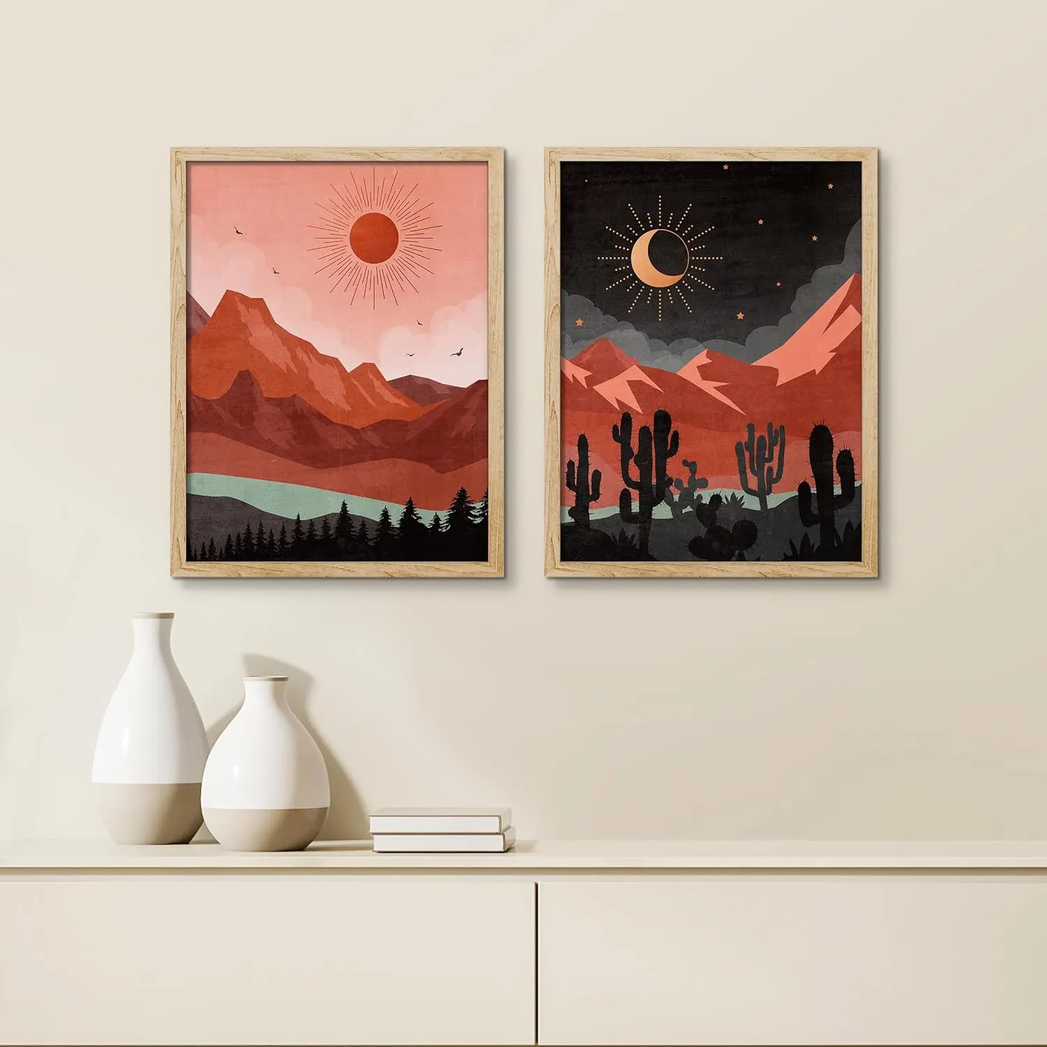 SIGNWIN Framed Day and Night Western Desert Landscape Wall Art, Set of 2 Cactus Wall Décor Prints, Boho Sun and Moo Wall Décor for Living Room, Bedroom - 11"x14" Natural
