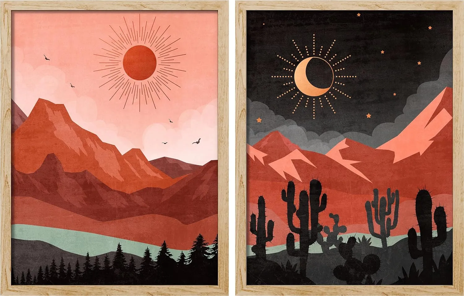 SIGNWIN Framed Day and Night Western Desert Landscape Wall Art, Set of 2 Cactus Wall Décor Prints, Boho Sun and Moo Wall Décor for Living Room, Bedroom - 11"x14" Natural
