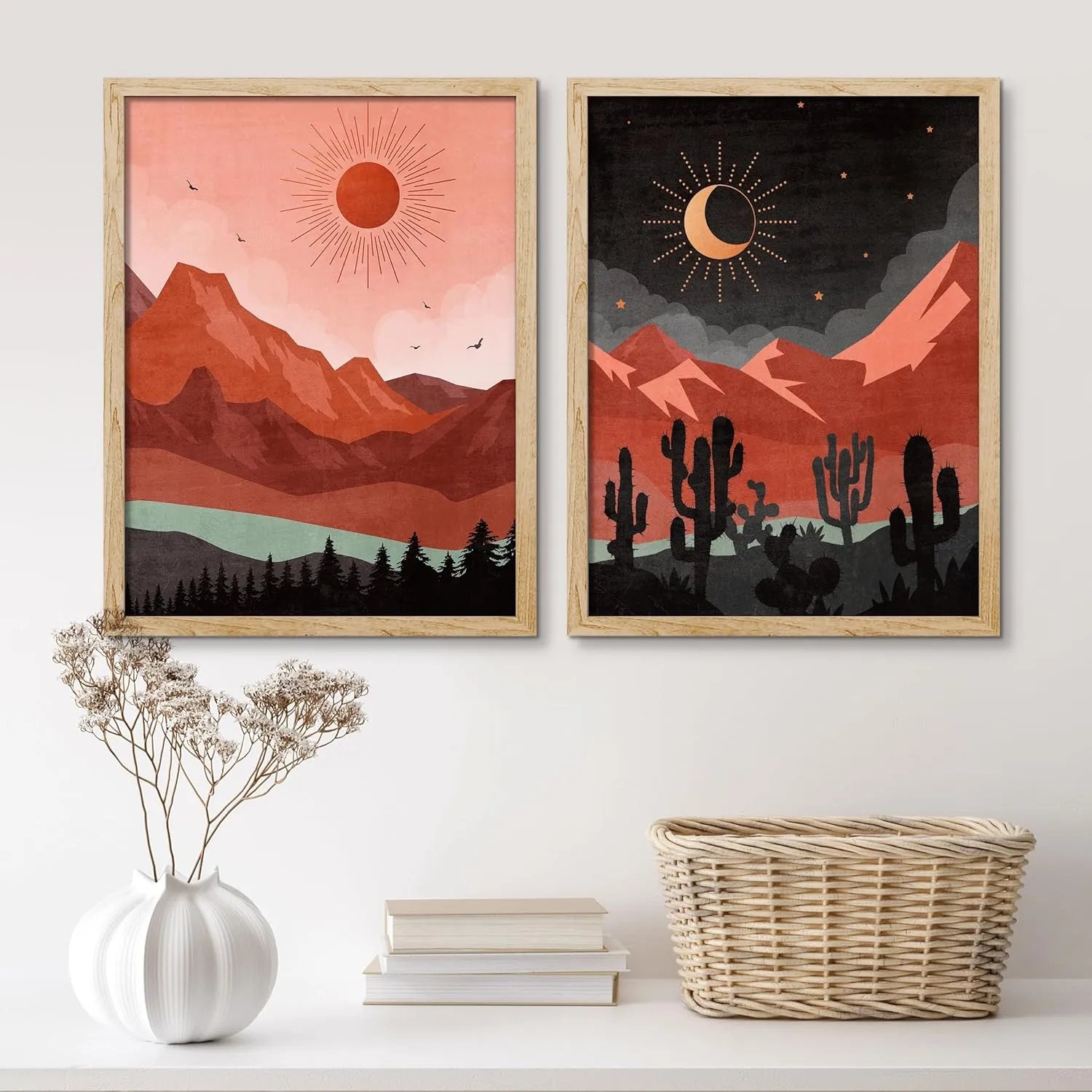 SIGNWIN Framed Day and Night Western Desert Landscape Wall Art, Set of 2 Cactus Wall Décor Prints, Boho Sun and Moo Wall Décor for Living Room, Bedroom - 11"x14" Natural