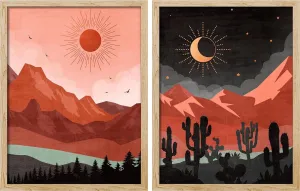SIGNWIN Framed Day and Night Western Desert Landscape Wall Art, Set of 2 Cactus Wall Décor Prints, Boho Sun and Moo Wall Décor for Living Room, Bedroom - 11"x14" Natural