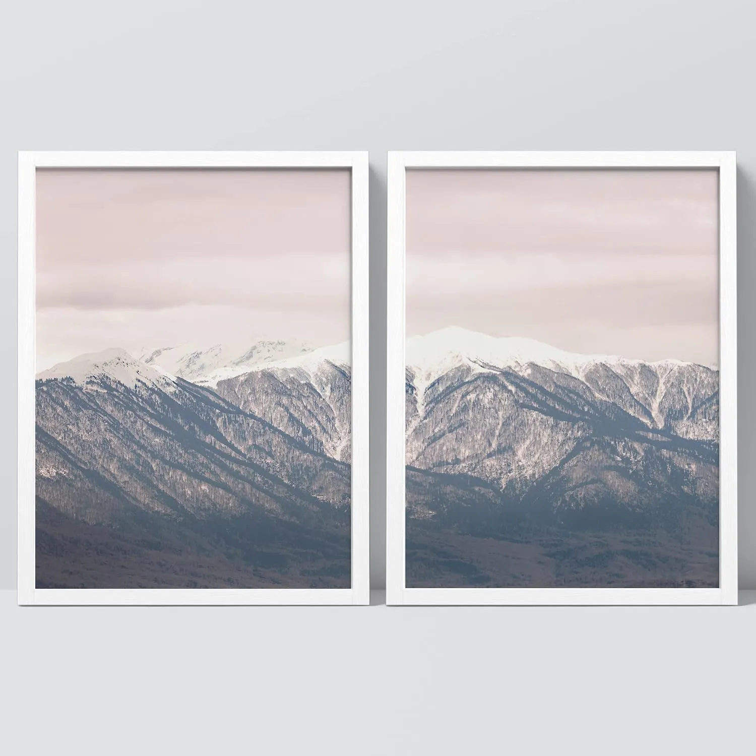 SIGNWIN Framed Snowy Mountain Range Wall Art, Set of 2 Washed Out Duotone Pink Sky Wall Decor Prints, Nature Wilderness Wall Décor for Living Room, Bedroom - 12"x16" White