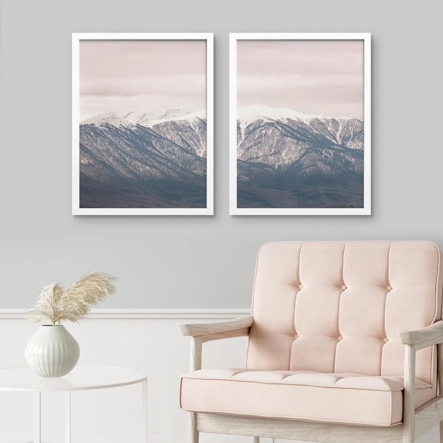 SIGNWIN Framed Snowy Mountain Range Wall Art, Set of 2 Washed Out Duotone Pink Sky Wall Decor Prints, Nature Wilderness Wall Décor for Living Room, Bedroom - 12"x16" White