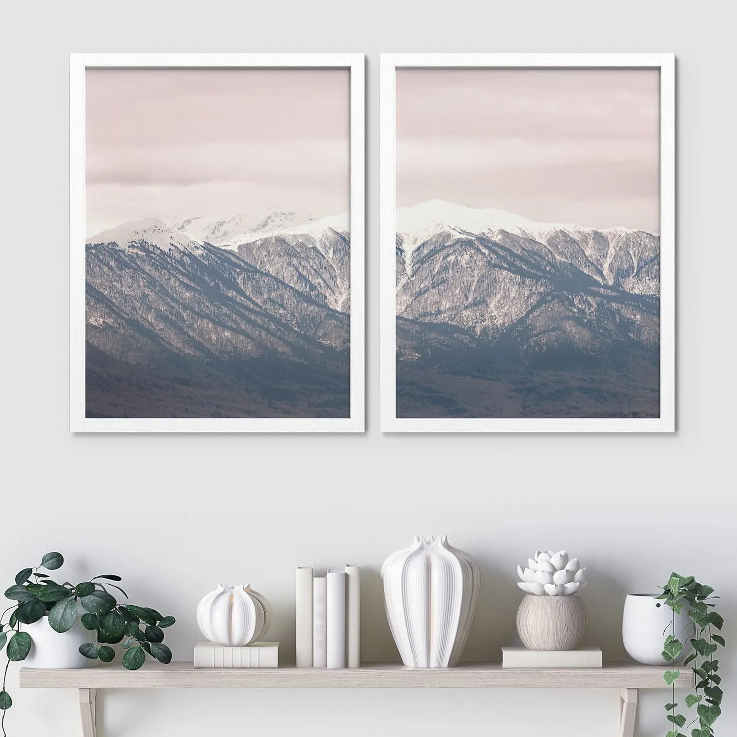 SIGNWIN Framed Snowy Mountain Range Wall Art, Set of 2 Washed Out Duotone Pink Sky Wall Decor Prints, Nature Wilderness Wall Décor for Living Room, Bedroom - 12"x16" White