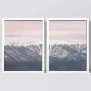 SIGNWIN Framed Snowy Mountain Range Wall Art, Set of 2 Washed Out Duotone Pink Sky Wall Decor Prints, Nature Wilderness Wall Décor for Living Room, Bedroom - 12"x16" White