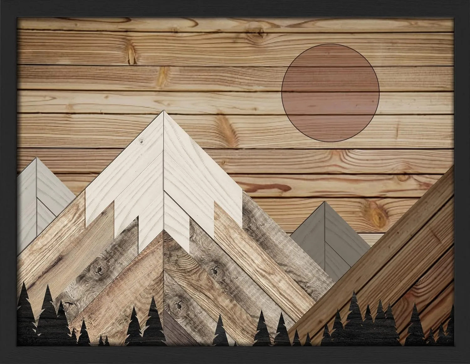 SIGNWIN Framed Wood Panel Wood Block Snowy Mountain Range Forest Wall Art, Floral Botanical Wall Decor Prints, Nature Wilderness Wall Décor for Living Room, Bedroom - 12"x16" Black