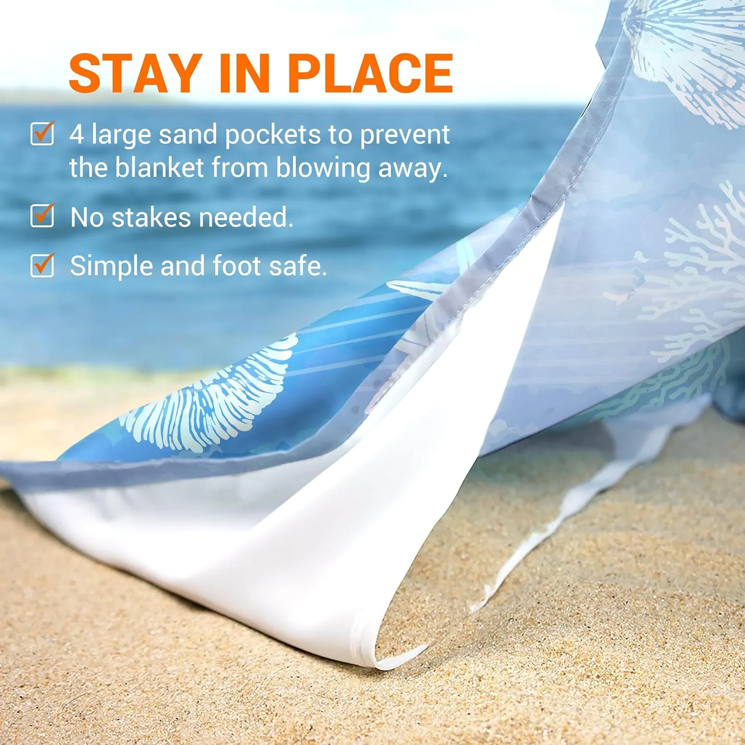 Silky Soft 108"x84" Sand Proof Beach Blanket Sand Proof Mat with Corner Pockets and Fashion Mesh Bag for Beach Party, Travel, Camping and Outdoor Music Festival, Ombre Blue Marine