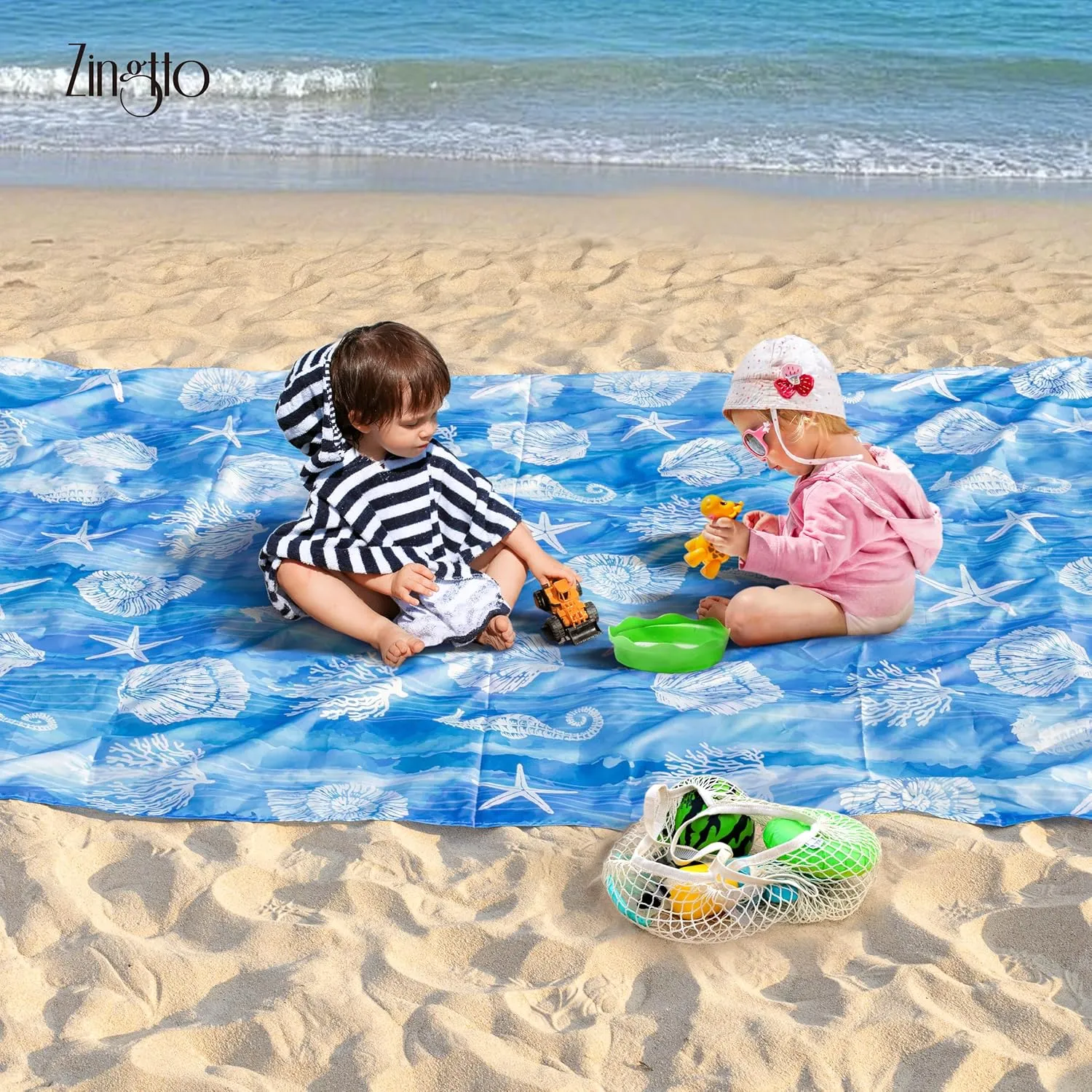 Silky Soft 108"x84" Sand Proof Beach Blanket Sand Proof Mat with Corner Pockets and Fashion Mesh Bag for Beach Party, Travel, Camping and Outdoor Music Festival, Ombre Blue Marine