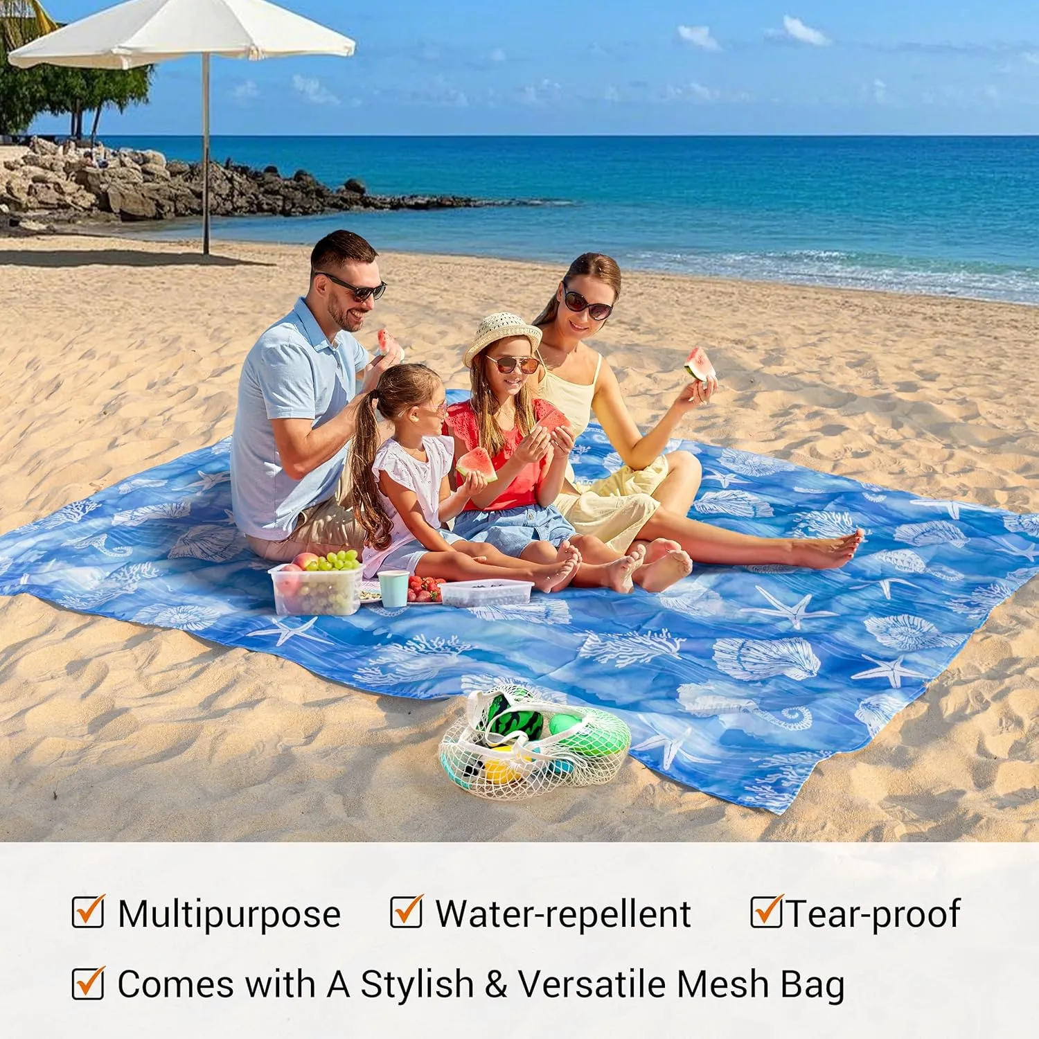 Silky Soft 108"x84" Sand Proof Beach Blanket Sand Proof Mat with Corner Pockets and Fashion Mesh Bag for Beach Party, Travel, Camping and Outdoor Music Festival, Ombre Blue Marine
