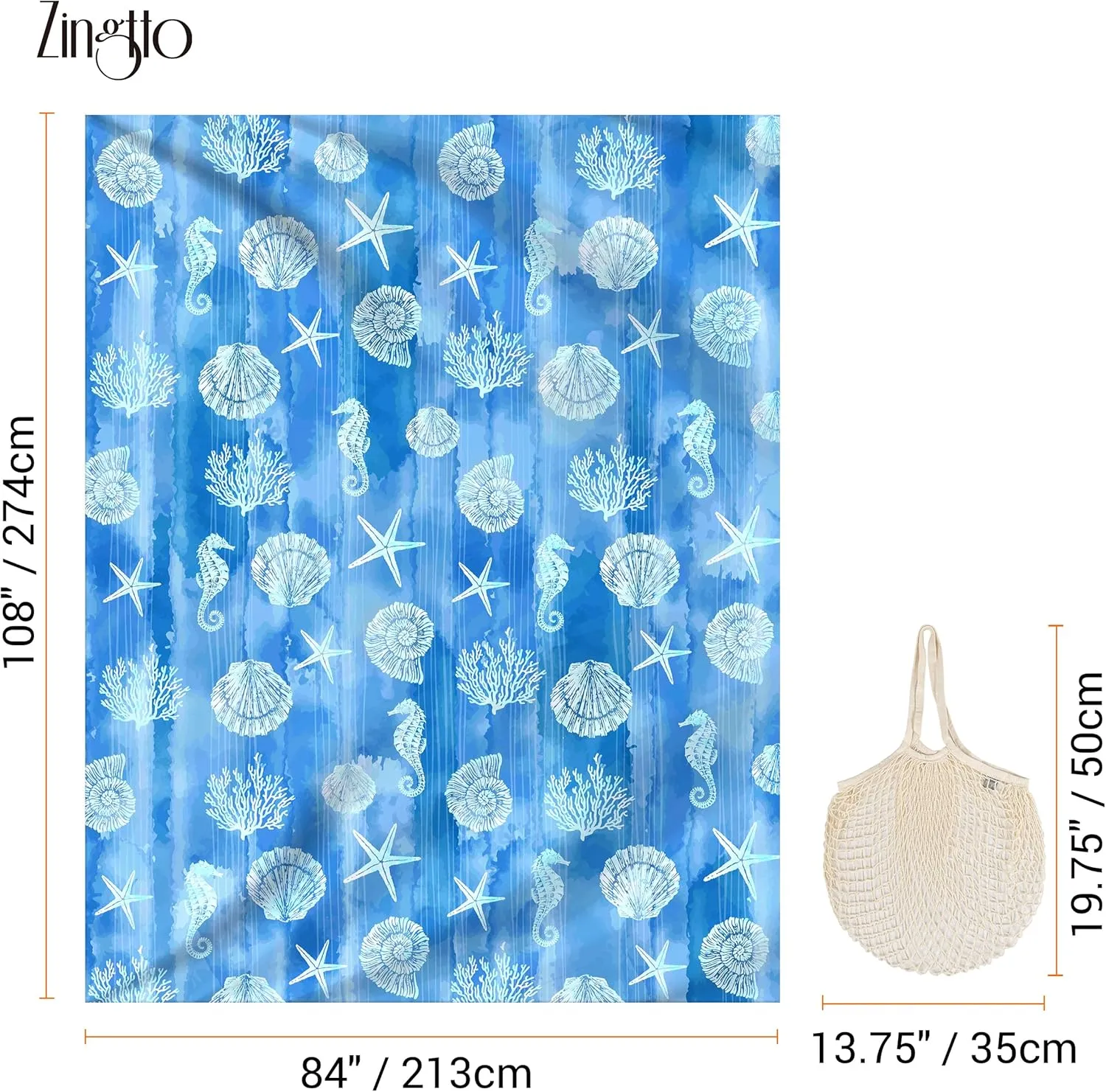 Silky Soft 108"x84" Sand Proof Beach Blanket Sand Proof Mat with Corner Pockets and Fashion Mesh Bag for Beach Party, Travel, Camping and Outdoor Music Festival, Ombre Blue Marine