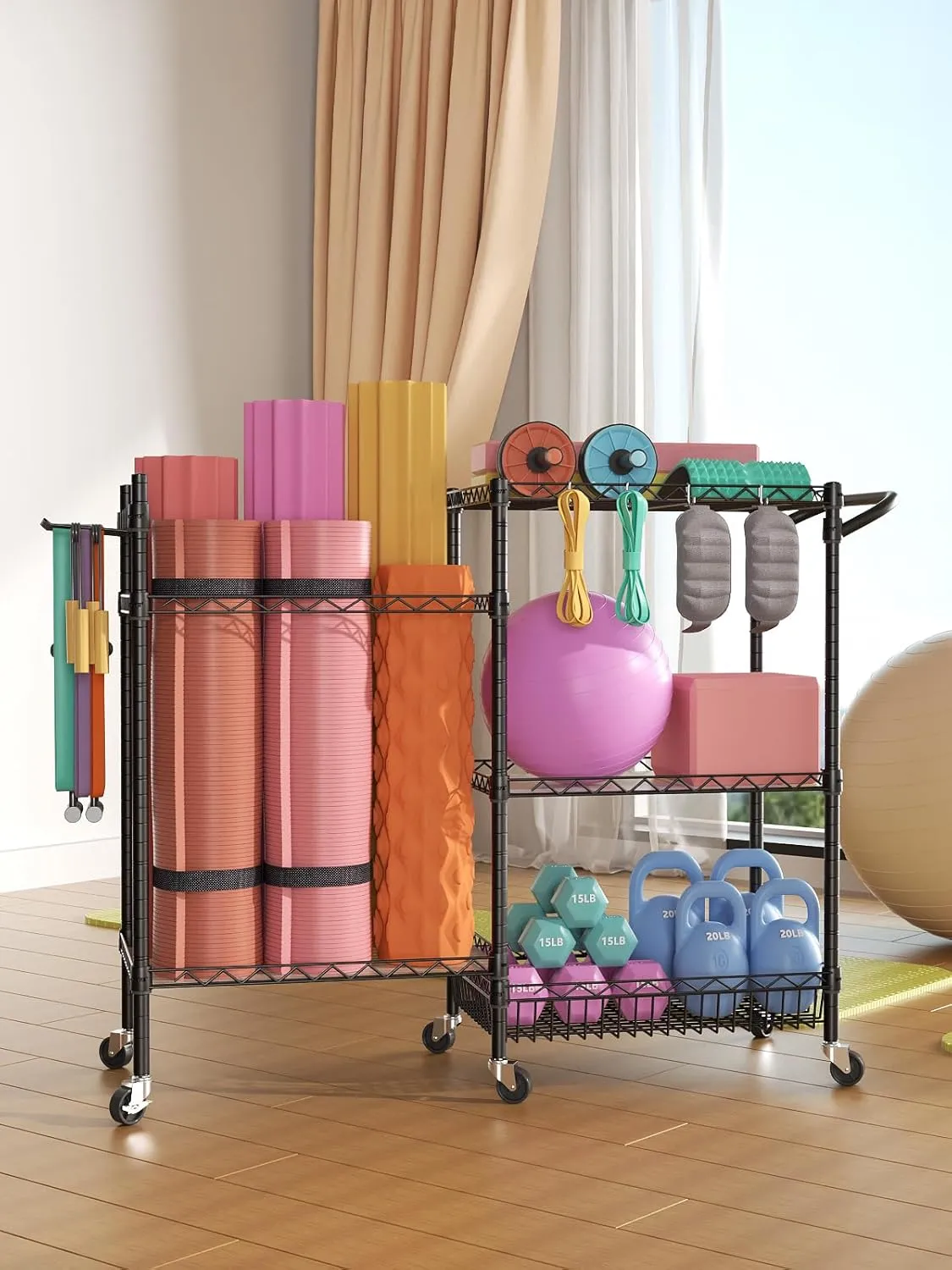 SINGAYE Dumbbell Rack Stand With Yoga Mat Storage, Gym Equipment Organizer, Cart for Workout Room, Home Gym With Hooks and Wheels