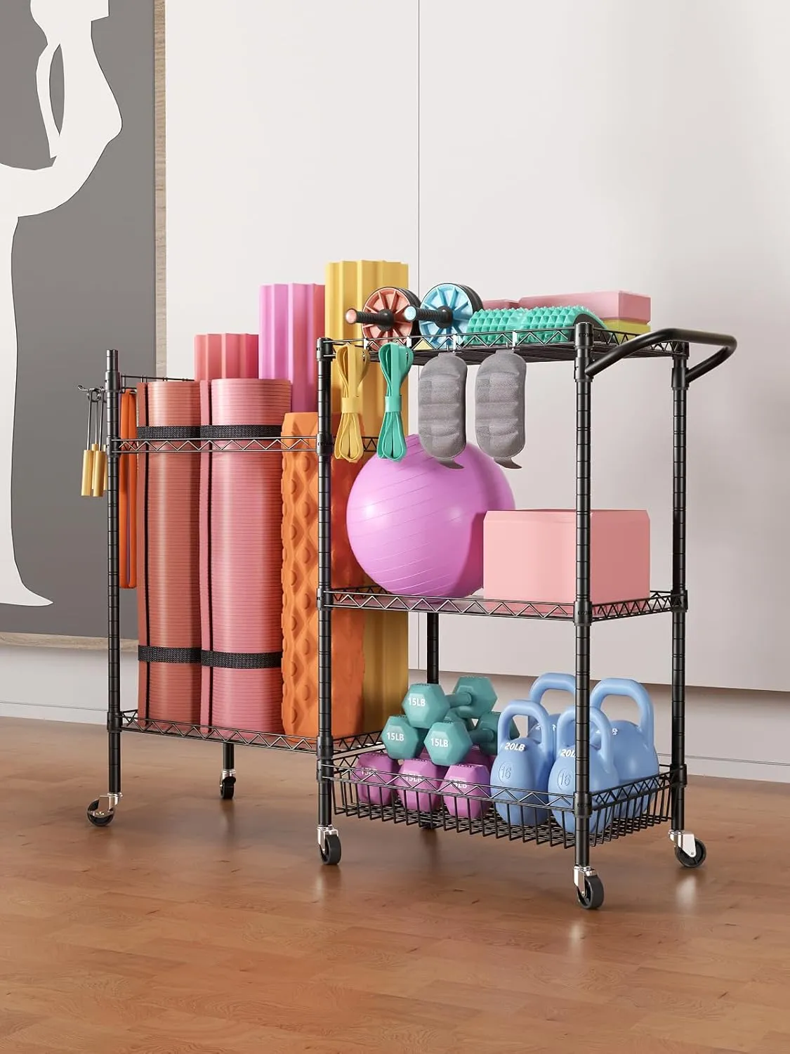 SINGAYE Dumbbell Rack Stand With Yoga Mat Storage, Gym Equipment Organizer, Cart for Workout Room, Home Gym With Hooks and Wheels