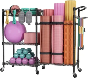 SINGAYE Dumbbell Rack Stand With Yoga Mat Storage, Gym Equipment Organizer, Cart for Workout Room, Home Gym With Hooks and Wheels