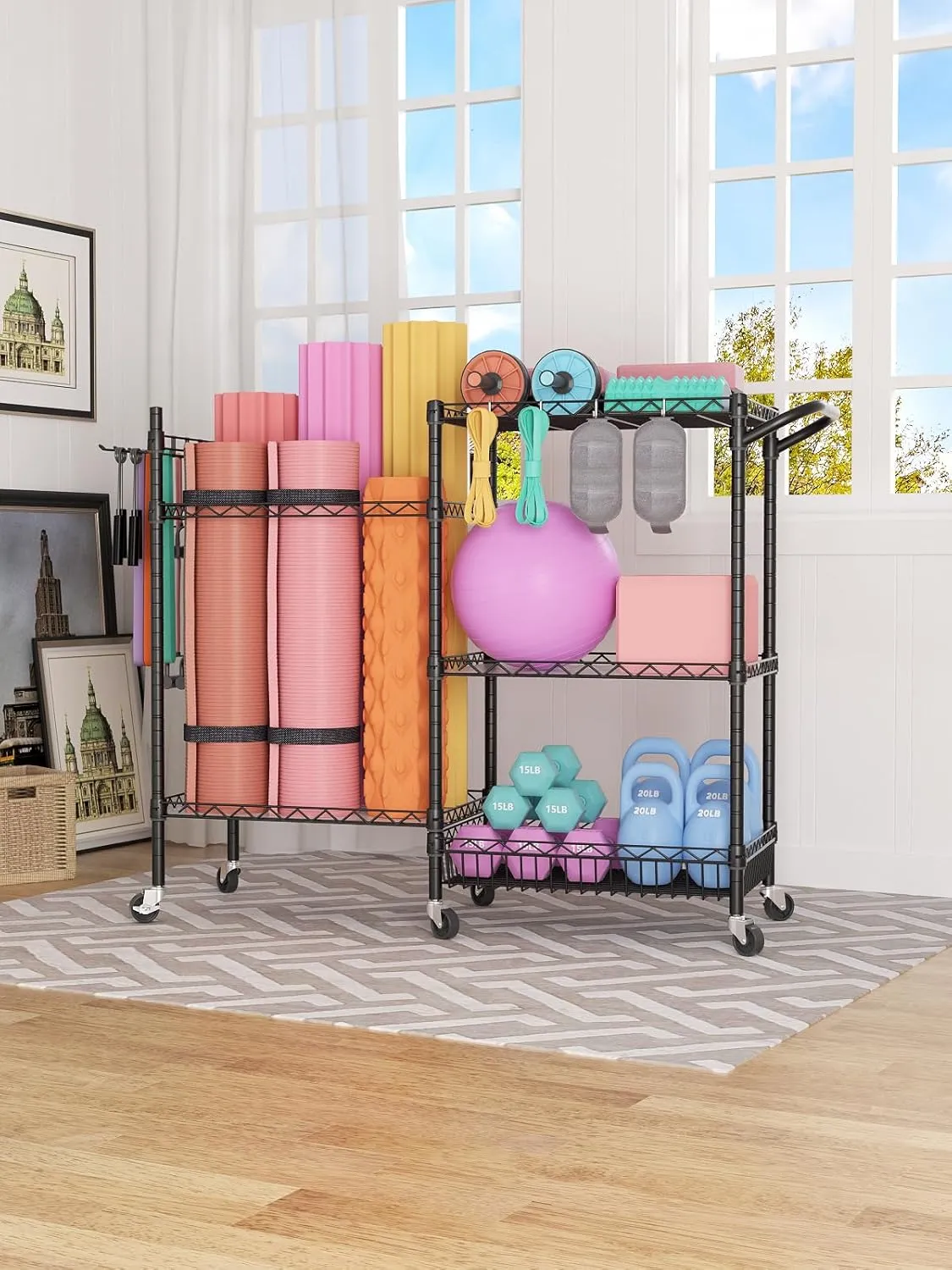 SINGAYE Dumbbell Rack Stand With Yoga Mat Storage, Gym Equipment Organizer, Cart for Workout Room, Home Gym With Hooks and Wheels