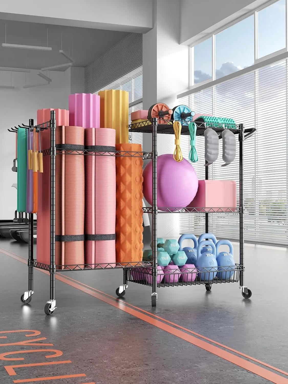 SINGAYE Dumbbell Rack Stand With Yoga Mat Storage, Gym Equipment Organizer, Cart for Workout Room, Home Gym With Hooks and Wheels