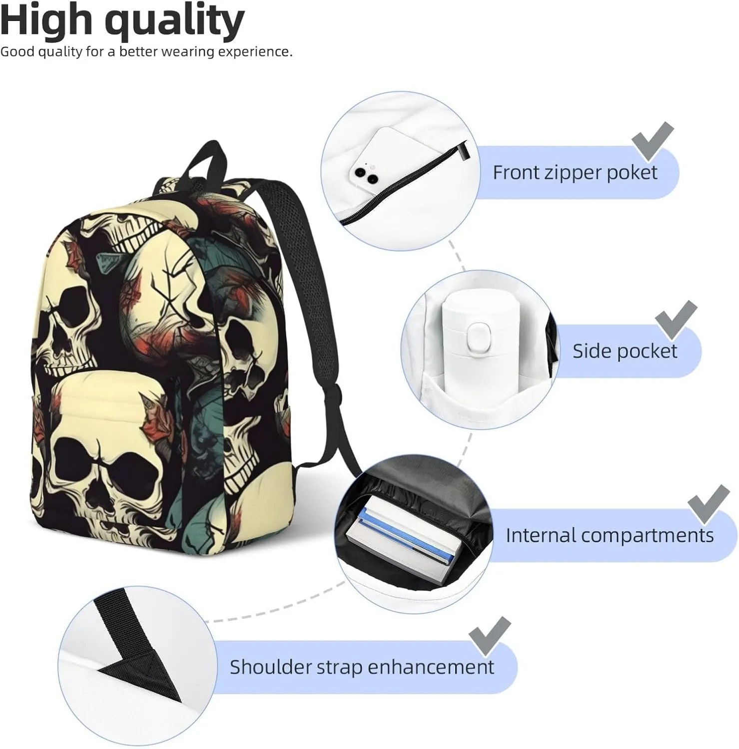 Skull Skeleton print Backpack for Travel Classic Stylish Casual Daypack Bag Travel for Women Men