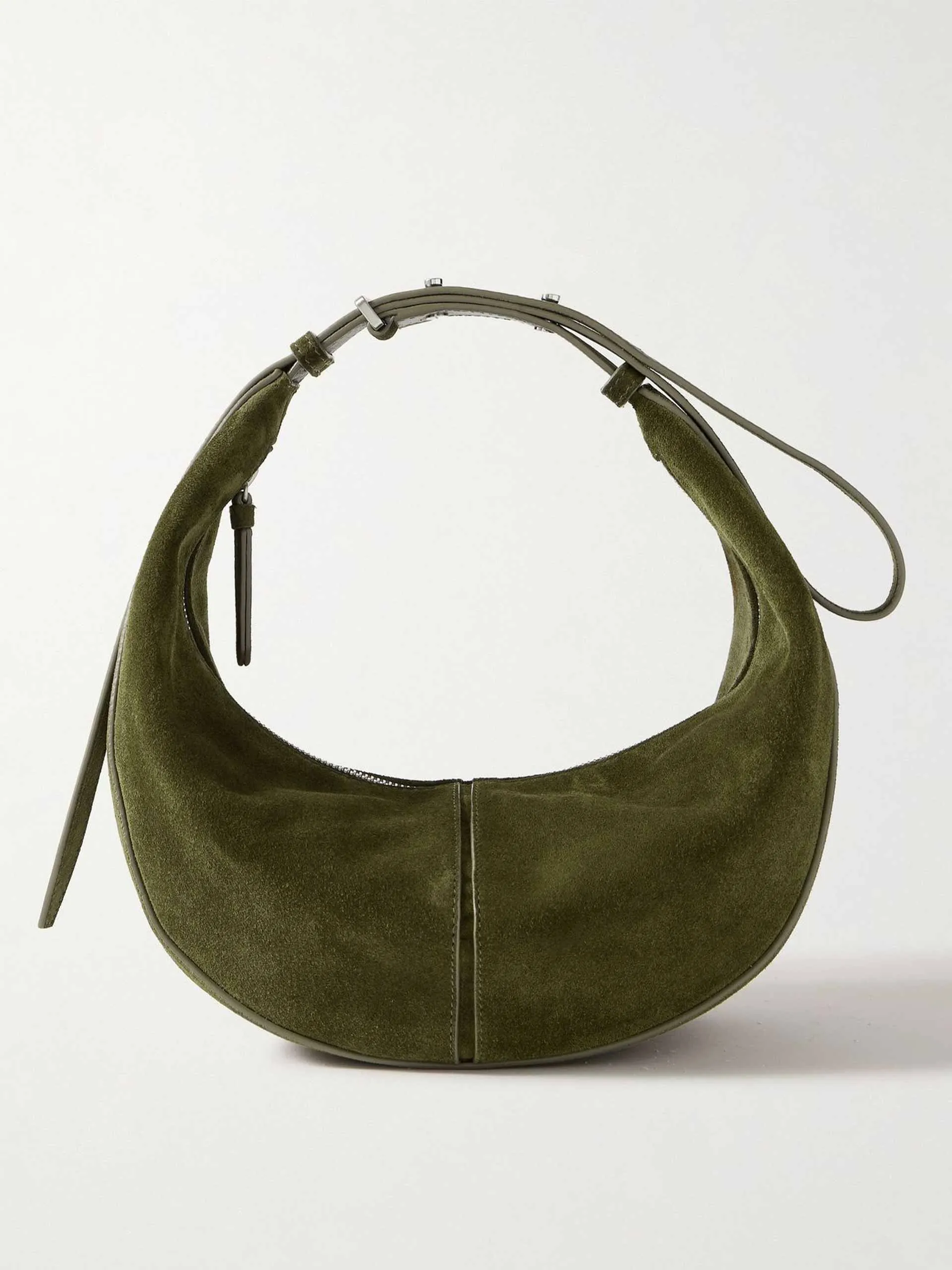 Slide leather-trimmed suede shoulder bag