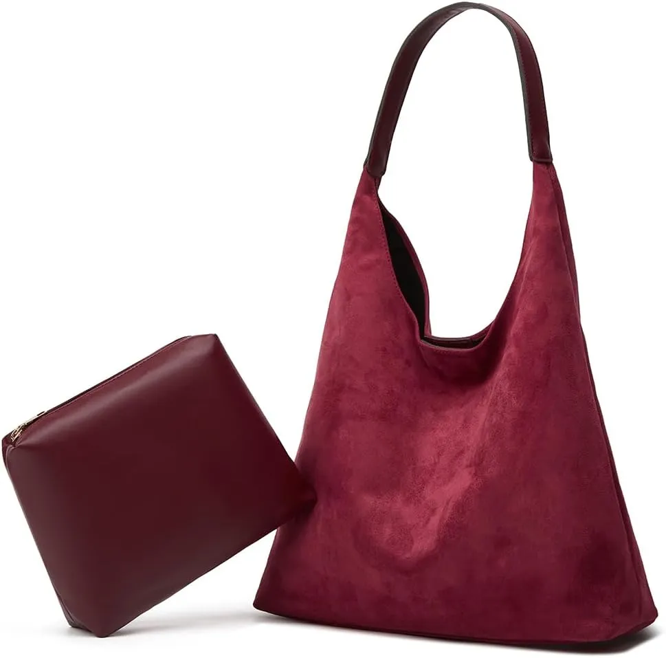 Slouchy Suede Shoulder Bags for Women Large Tote Purse Retro Soft Handbag Casual Work Ladies Top Handle Satchel 2pcs