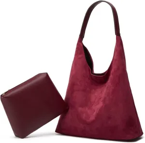 Slouchy Suede Shoulder Bags for Women Large Tote Purse Retro Soft Handbag Casual Work Ladies Top Handle Satchel 2pcs