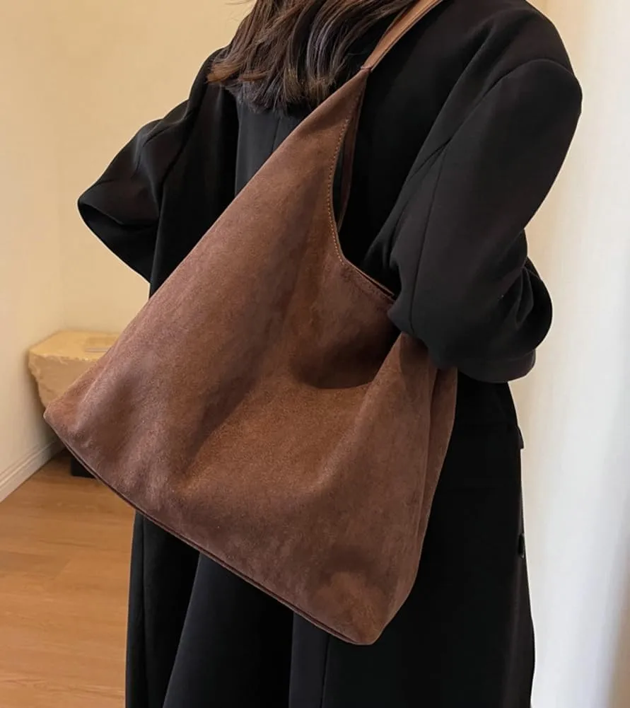 Slouchy Suede Shoulder Bags for Women Large Tote Purse Retro Soft Handbag Casual Work Ladies Top Handle Satchel 2pcs