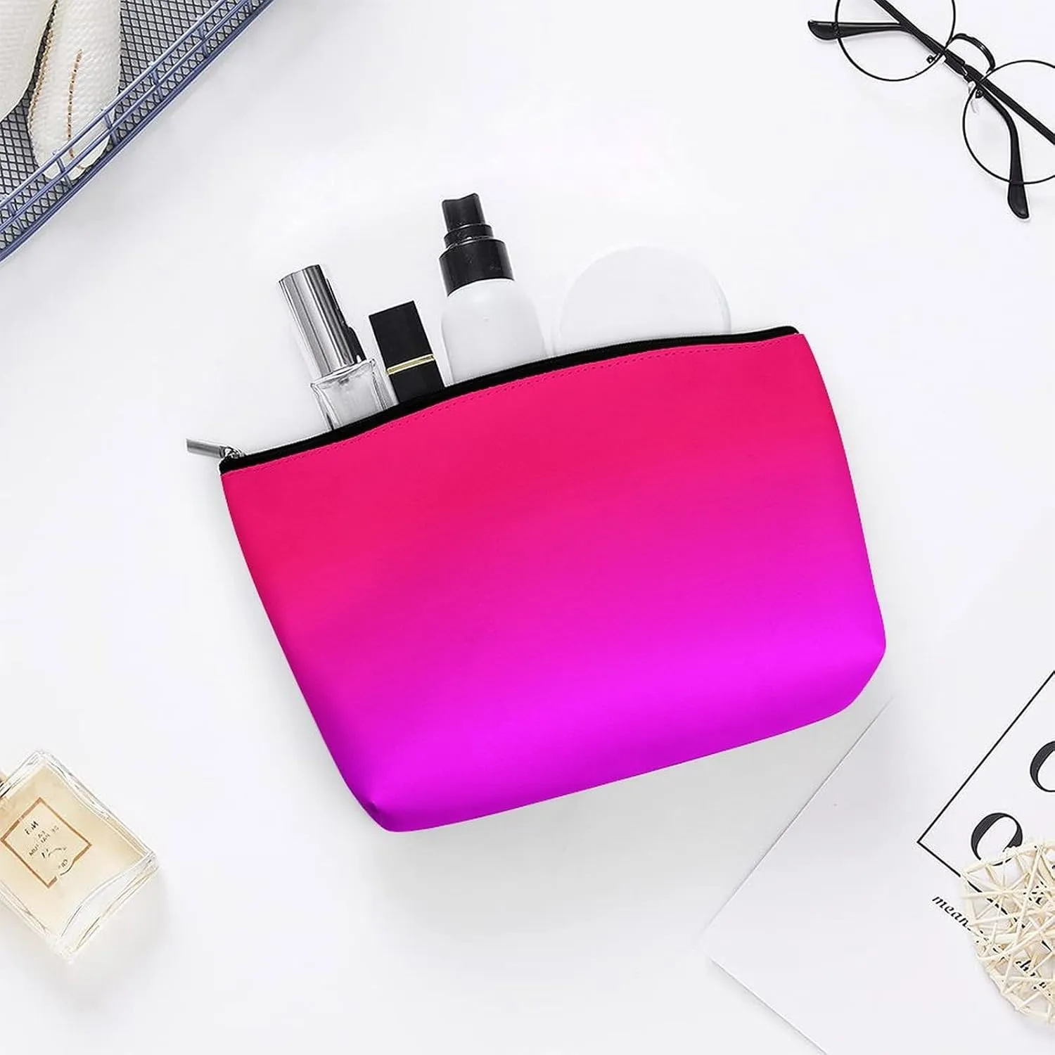 Small Cosmetic Bag, Hot Pink and Neon Pink Ombre Makeup Bags Elegant Roomy Pouch for Women,Travel Toiletry Accessories Organizer