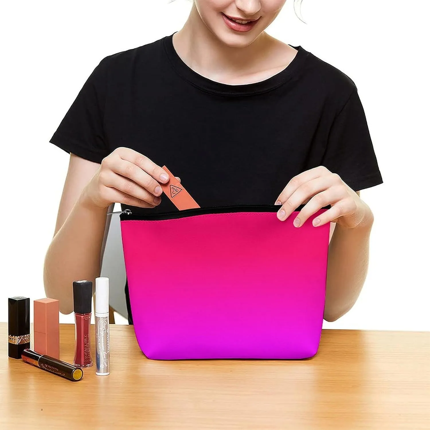 Small Cosmetic Bag, Hot Pink and Neon Pink Ombre Makeup Bags Elegant Roomy Pouch for Women,Travel Toiletry Accessories Organizer