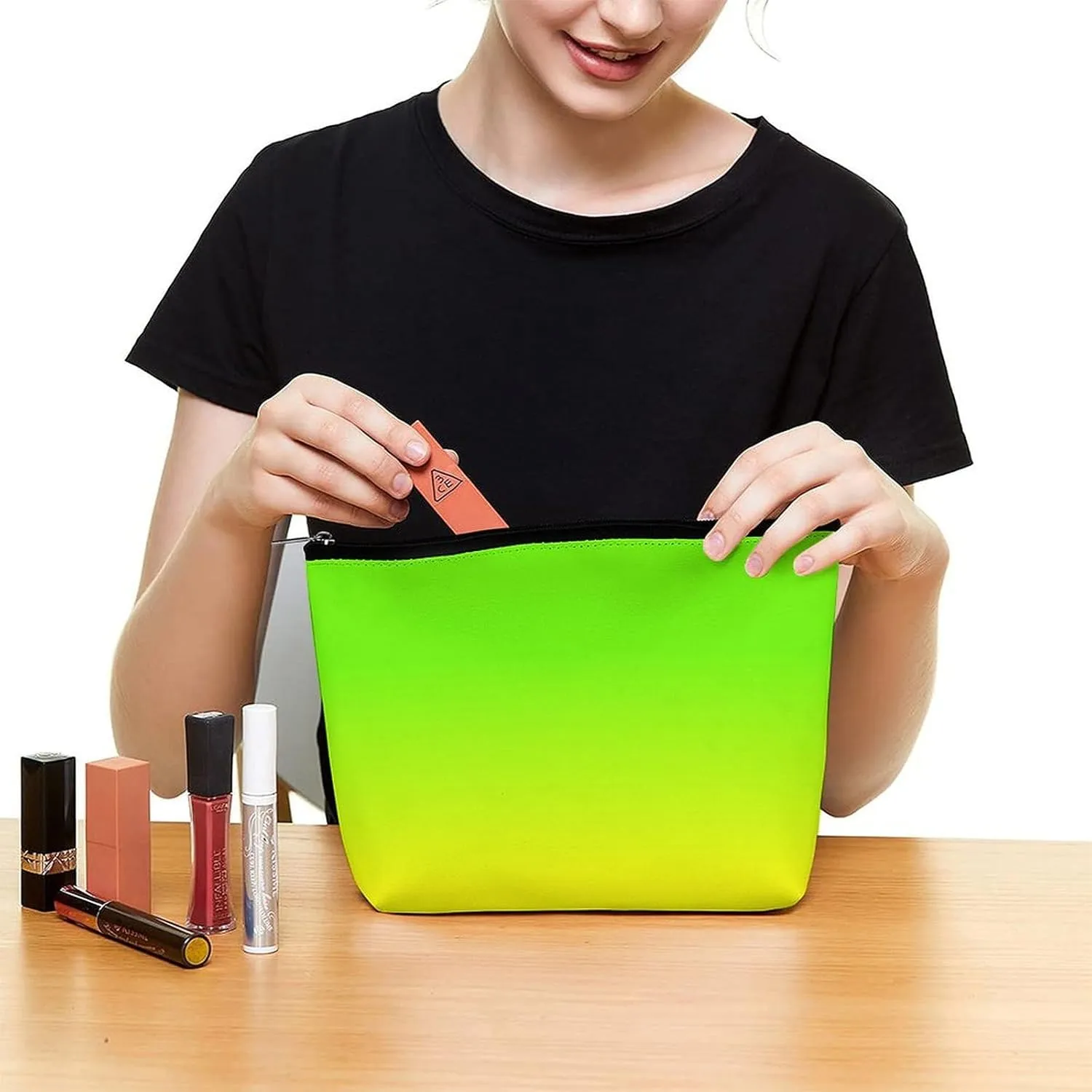 Small Cosmetic Bag, Neon Green and Neon Yellow Ombre Makeup Bags Elegant Roomy Pouch for Women,Travel Toiletry Accessories Organizer