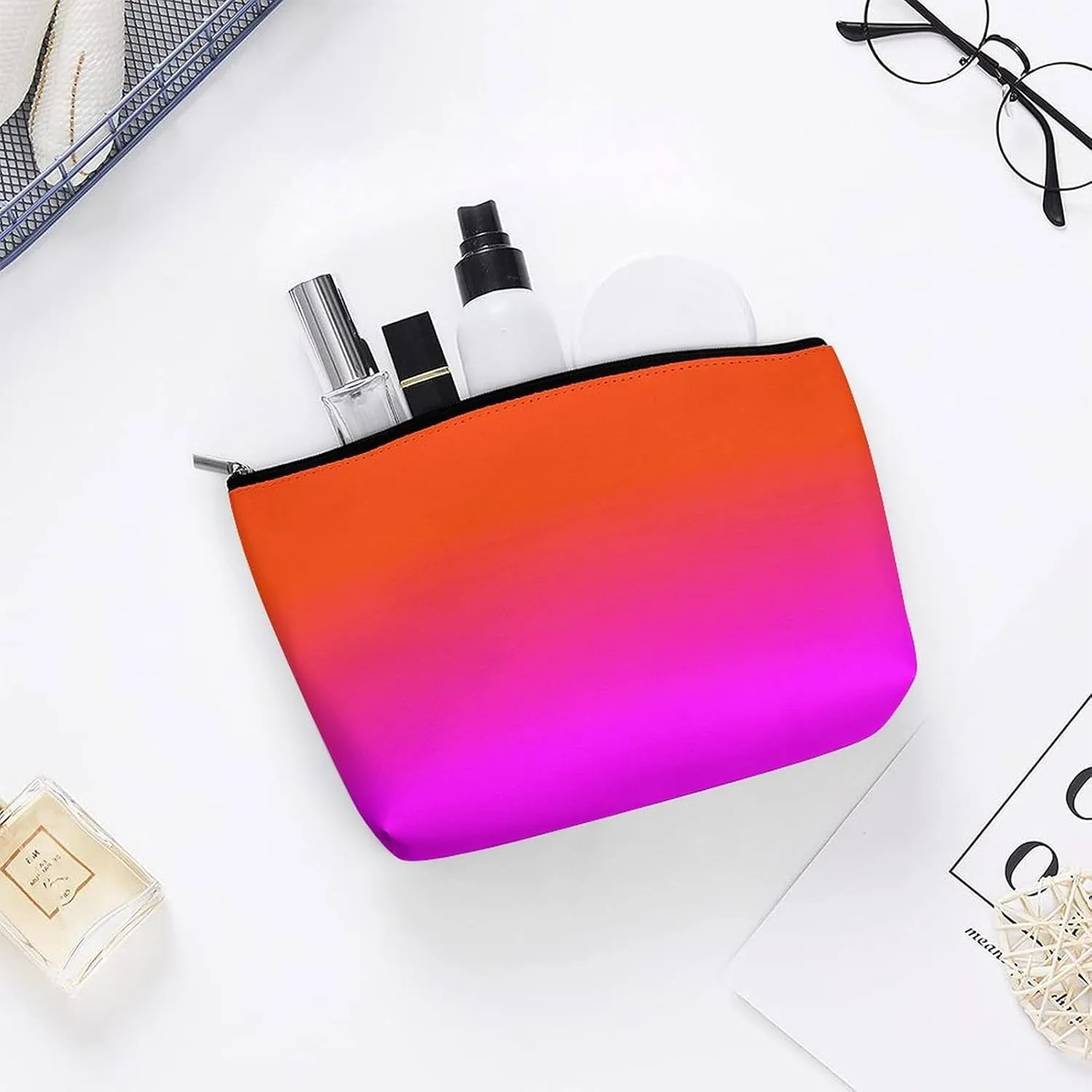 Small Cosmetic Bag, Neon Orange and Hot Pink Ombre Makeup Bags Elegant Roomy Pouch for Women,Travel Toiletry Accessories Organizer