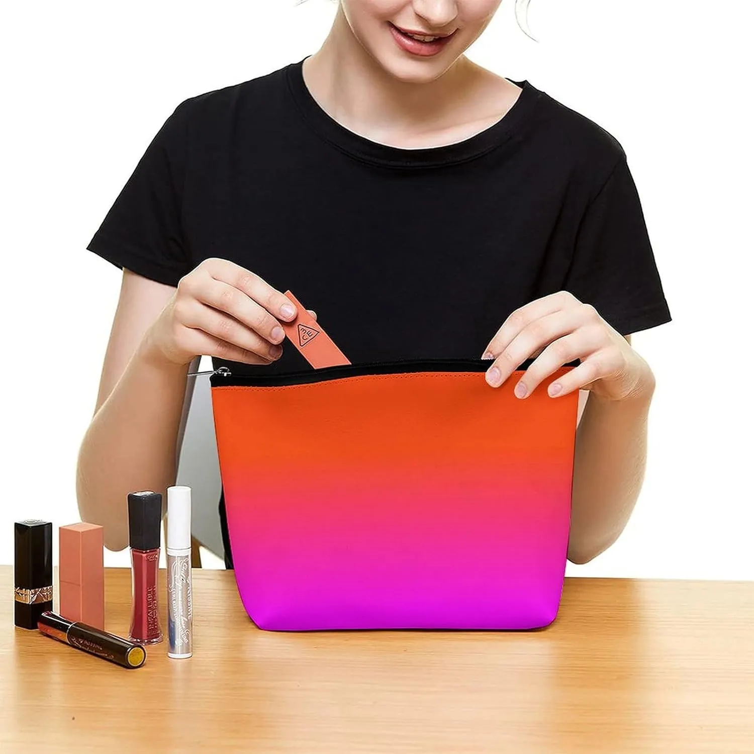 Small Cosmetic Bag, Neon Orange and Hot Pink Ombre Makeup Bags Elegant Roomy Pouch for Women,Travel Toiletry Accessories Organizer