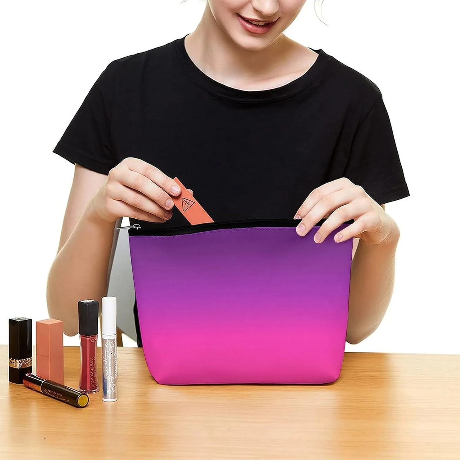 Small Cosmetic Bag, Neon Purple and Pink Ombre Makeup Bags Elegant Roomy Pouch for Women,Travel Toiletry Accessories Organizer