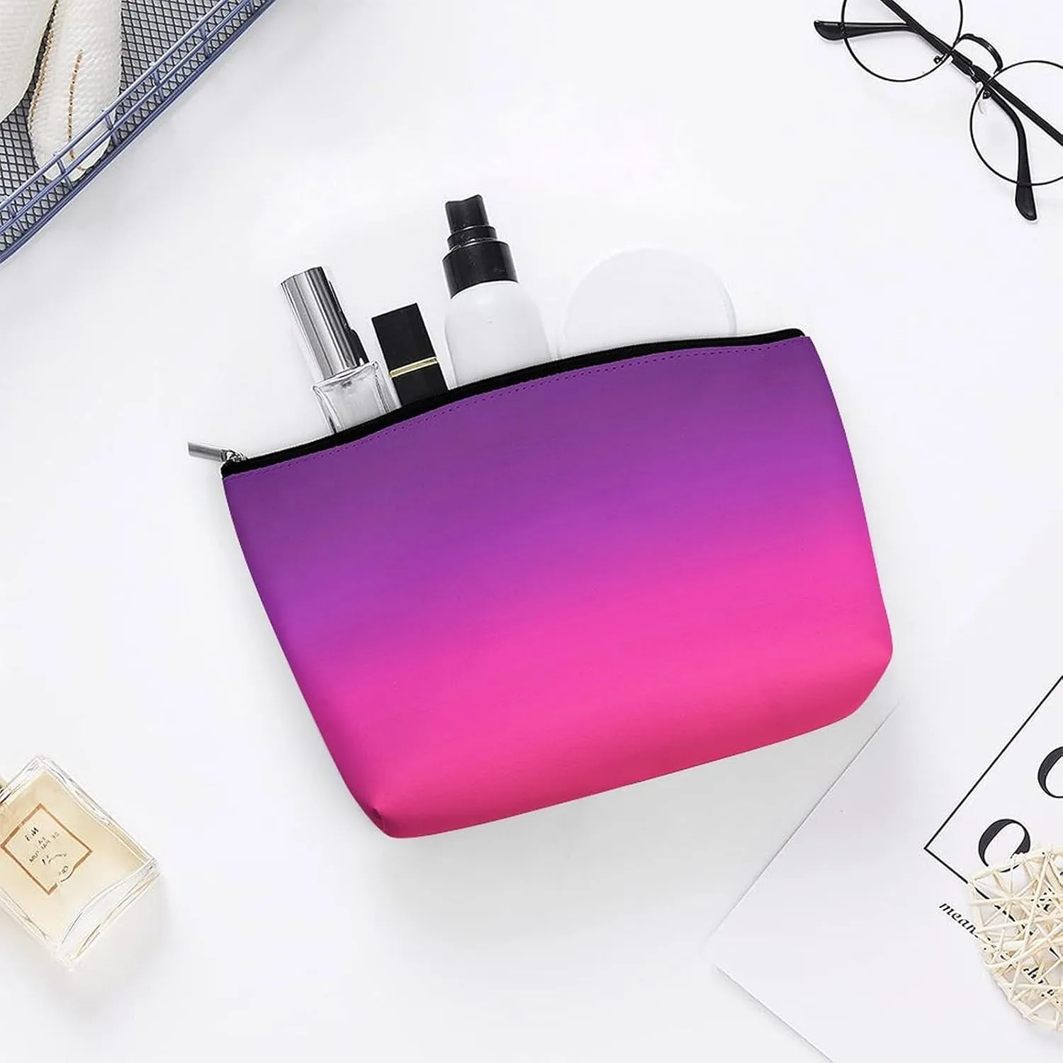 Small Cosmetic Bag, Neon Purple and Pink Ombre Makeup Bags Elegant Roomy Pouch for Women,Travel Toiletry Accessories Organizer