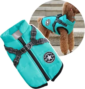 Small Dog Jacket with Harness, Outdoor Dog Sport Vest, Outdoor Warm Pet Winter Coat Harness for Cats Puppy Small Dogs, (Aqua)