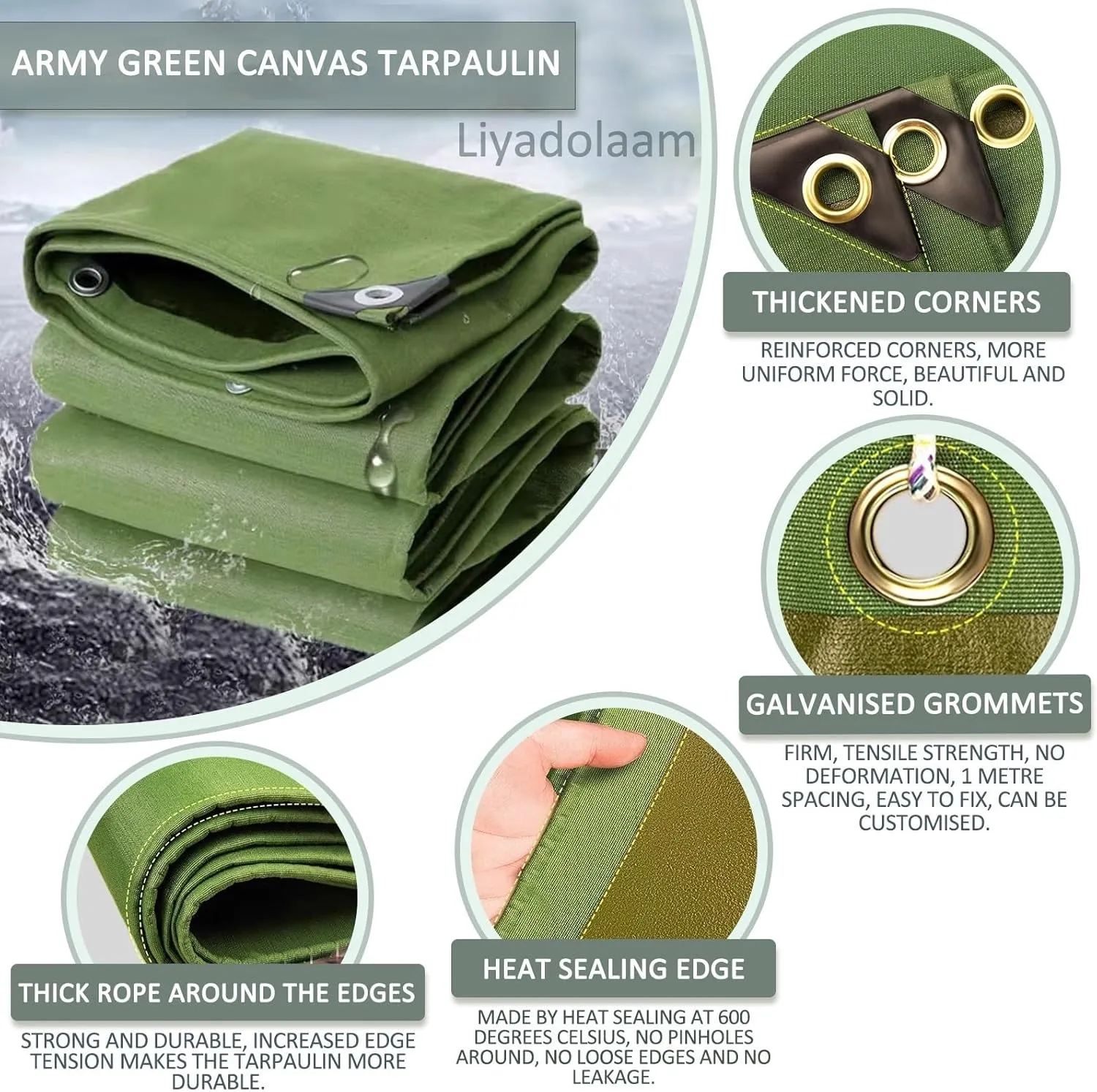 Small Multipurpose Cover, Green 600g/m² Heavy Duty Canvas Tarp with Grommets for Outdoor Camping,Car Furniture Ground Multipurpose Sheet Covers(3x5m)