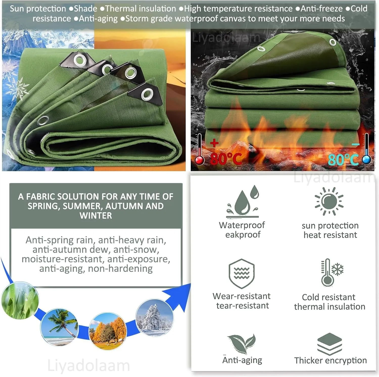 Small Multipurpose Cover, Green 600g/m² Heavy Duty Canvas Tarp with Grommets for Outdoor Camping,Car Furniture Ground Multipurpose Sheet Covers(3x5m)