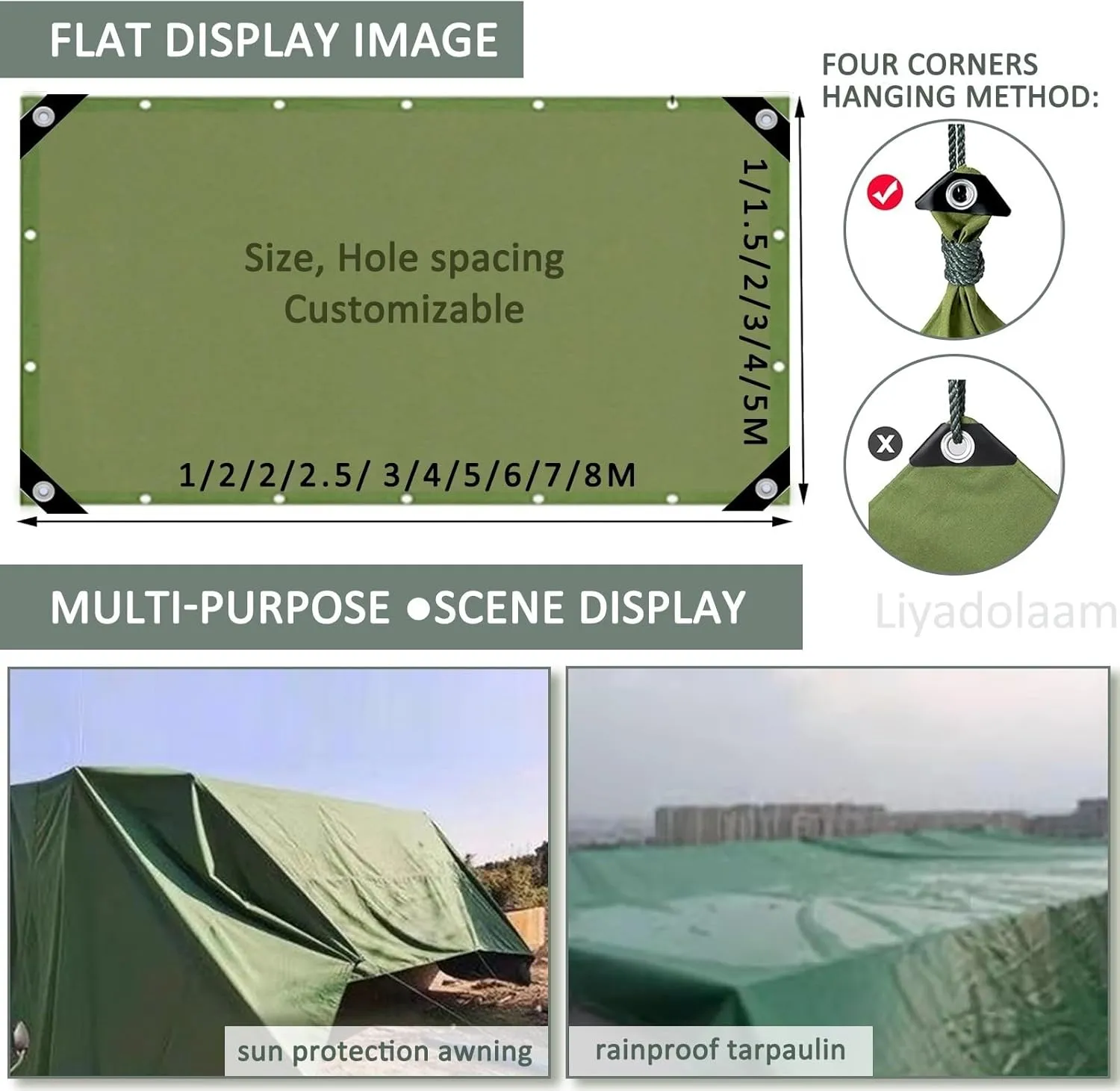 Small Multipurpose Cover, Green 600g/m² Heavy Duty Canvas Tarp with Grommets for Outdoor Camping,Car Furniture Ground Multipurpose Sheet Covers(3x5m)