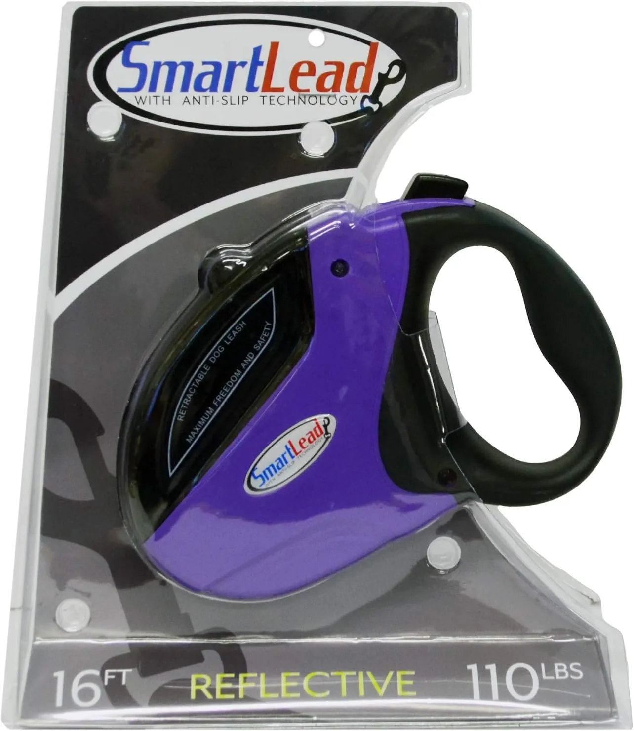SmartLead Retractable, Reflective, Heavy-Duty 16-Foot Nylon Dog Leash, Tangle Free, Anti-Slip Brake Technology, Easy Grip Handle, Good for Dogs up to 110 Pounds – Purple