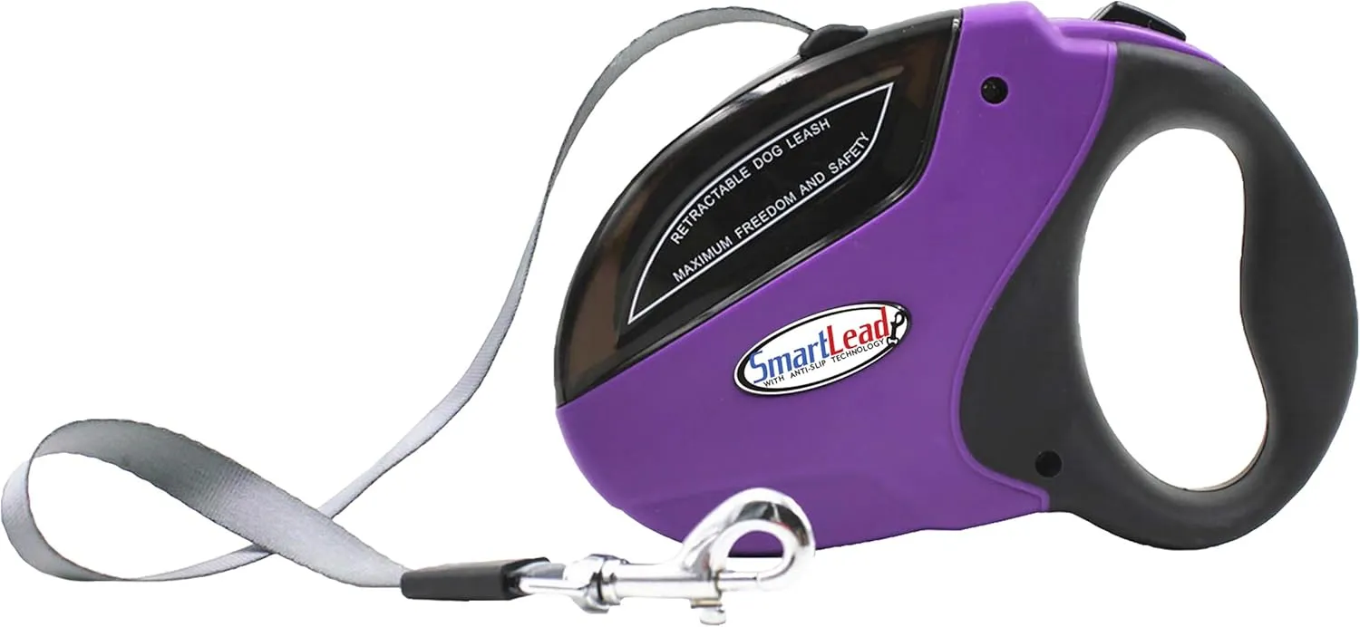 SmartLead Retractable, Reflective, Heavy-Duty 16-Foot Nylon Dog Leash, Tangle Free, Anti-Slip Brake Technology, Easy Grip Handle, Good for Dogs up to 110 Pounds – Purple