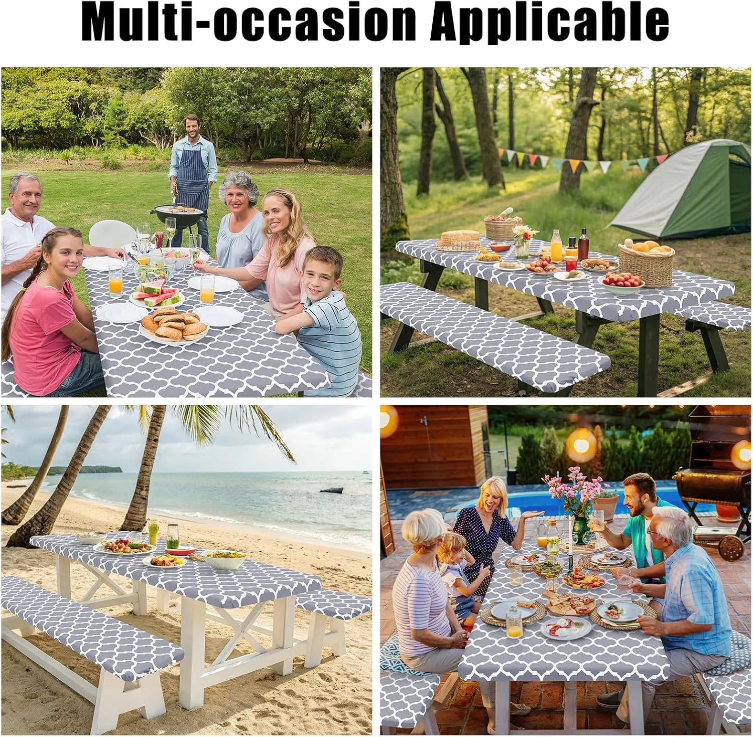Smiry Picnic Table Cover with Bench Covers, Waterproof Elastic Fitted Tablecloth for 8 Foot Tables, Washable Polyester Tablecloths for Camping, Indoor & Outdoor (Grey Morocco, 30x96 Inch 3-pc Set)