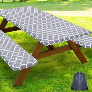 Smiry Picnic Table Cover with Bench Covers, Waterproof Elastic Fitted Tablecloth for 8 Foot Tables, Washable Polyester Tablecloths for Camping, Indoor & Outdoor (Grey Morocco, 30x96 Inch 3-pc Set)