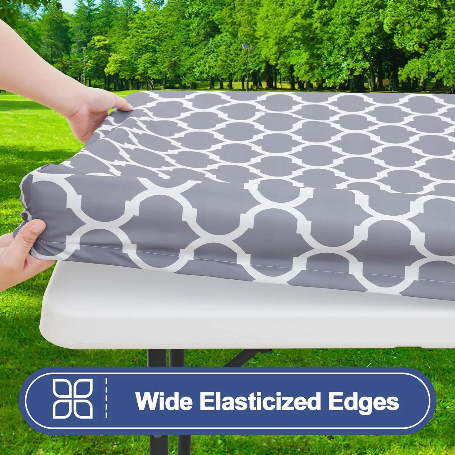 Smiry Picnic Table Cover with Bench Covers, Waterproof Elastic Fitted Tablecloth for 8 Foot Tables, Washable Polyester Tablecloths for Camping, Indoor & Outdoor (Grey Morocco, 30x96 Inch 3-pc Set)