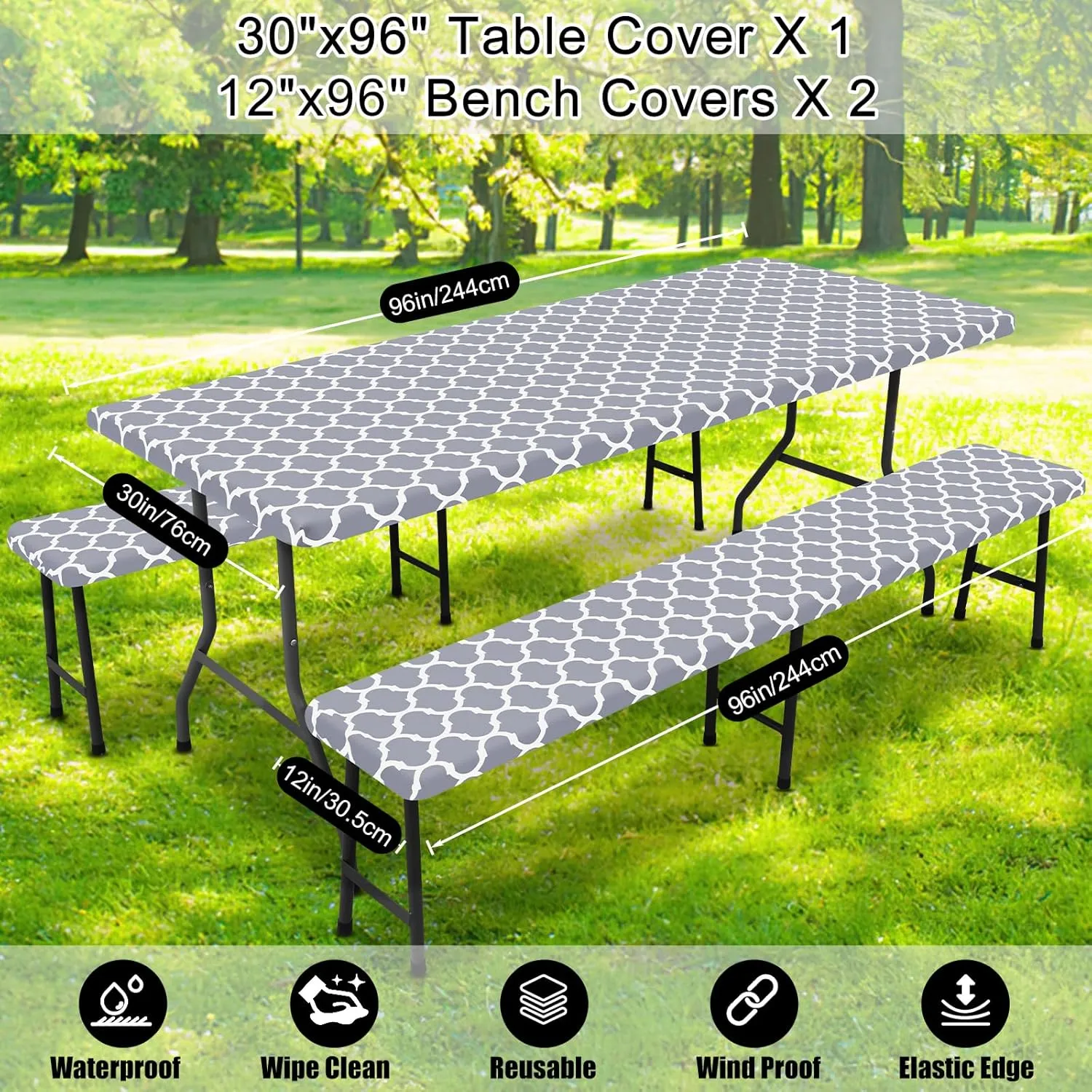 Smiry Picnic Table Cover with Bench Covers, Waterproof Elastic Fitted Tablecloth for 8 Foot Tables, Washable Polyester Tablecloths for Camping, Indoor & Outdoor (Grey Morocco, 30x96 Inch 3-pc Set)