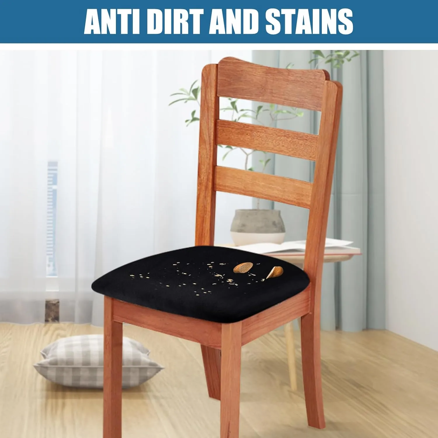 Smiry Velvet Seat Covers for Dining Room Chair Set of 6, Stretch Fit Removable Washable Chair Seat Cushion Protector Slipcovers with Ties, Black
