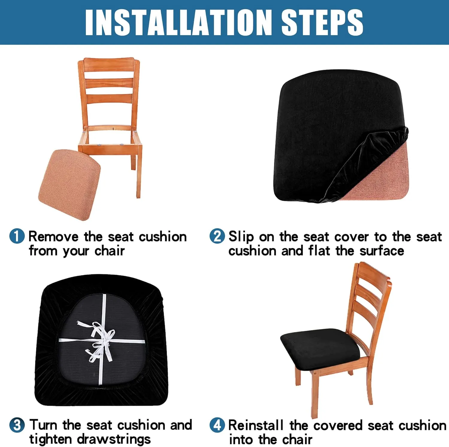Smiry Velvet Seat Covers for Dining Room Chair Set of 6, Stretch Fit Removable Washable Chair Seat Cushion Protector Slipcovers with Ties, Black