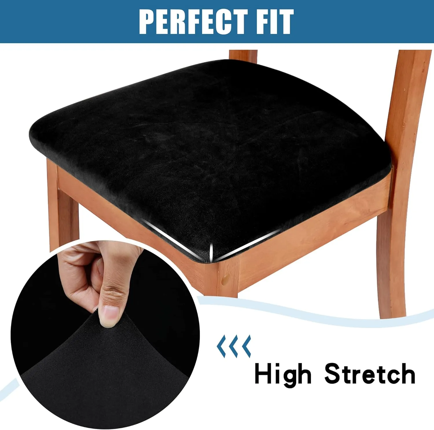 Smiry Velvet Seat Covers for Dining Room Chair Set of 6, Stretch Fit Removable Washable Chair Seat Cushion Protector Slipcovers with Ties, Black