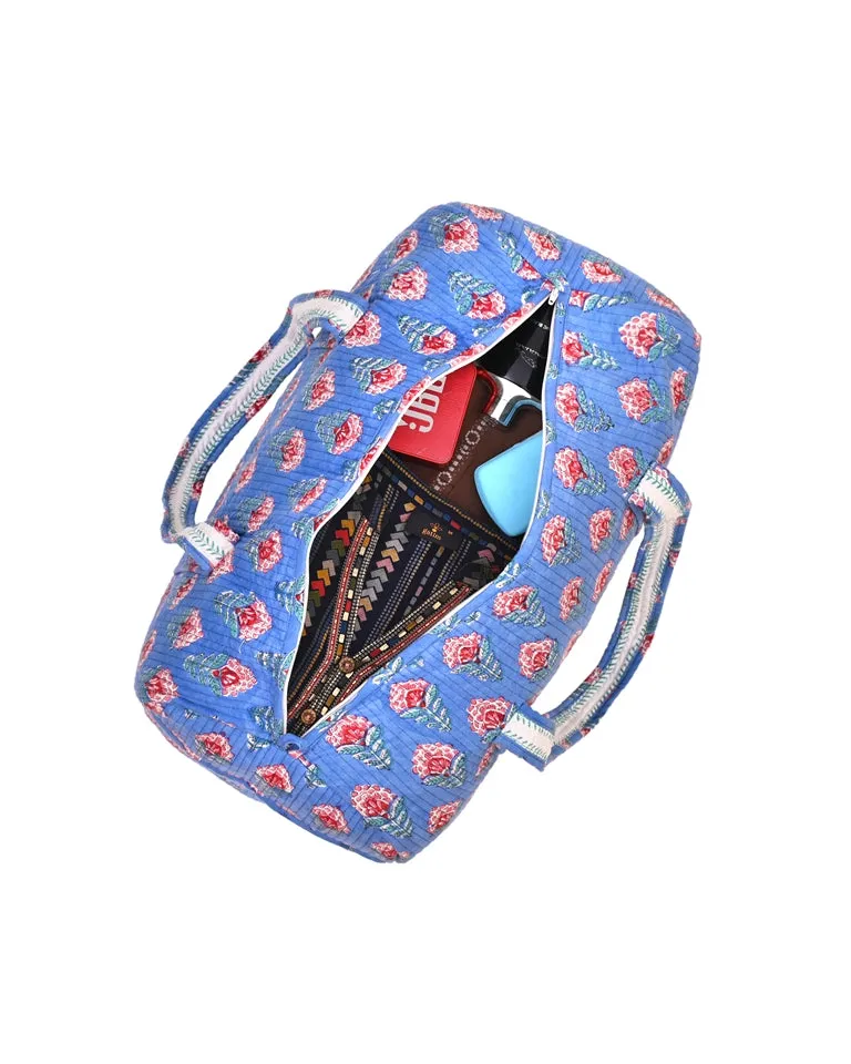 SNAKE CHARM BLUE HAND BLOCK PRINTED QUILTED TRAVEL DUFFLE BAG BIG