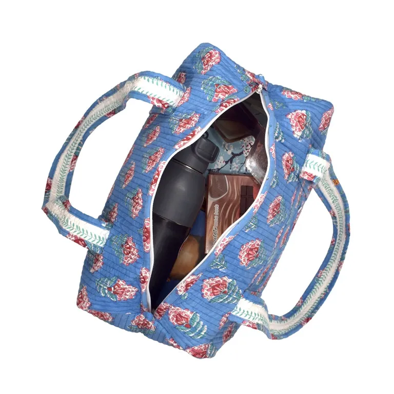 SNAKE CHARM BLUE HAND BLOCK PRINTED QUILTED TRAVEL MICRO DUFFLE BAG